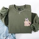 Large Military Green Cute Ghost Coquette Ribbon Faux Glitter Halloween Vintage Velvet Pocket Sweatshirt