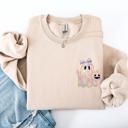 Small Sand Cute Ghost Coquette Ribbon Faux Glitter Halloween Vintage Velvet Pocket Sweatshirt