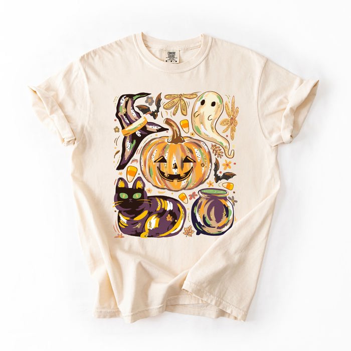 Cute Halloween Painted Pumpkin Black Cat Ghost Witch Festive Scene Comfort Colors Tee