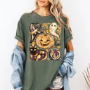 XL Moss Dark Green Cute Halloween Painted Pumpkin Black Cat Ghost Witch Festive Scene Comfort Colors Tee