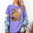 XXXL Violet Purple Cute Halloween Painted Pumpkin Black Cat Ghost Witch Festive Scene Comfort Colors Tee