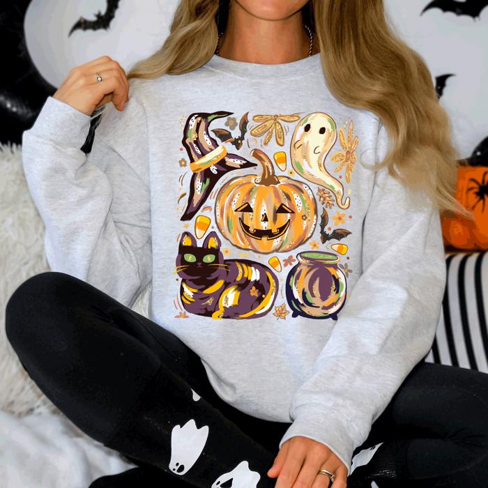 Cute Halloween Painted Pumpkin Black Cat Ghost Witch Skeleton Moonlit Night Scene Sweatshirt