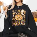 XXL Black Cute Halloween Painted Pumpkin Black Cat Ghost Witch Skeleton Moonlit Night Scene Sweatshirt