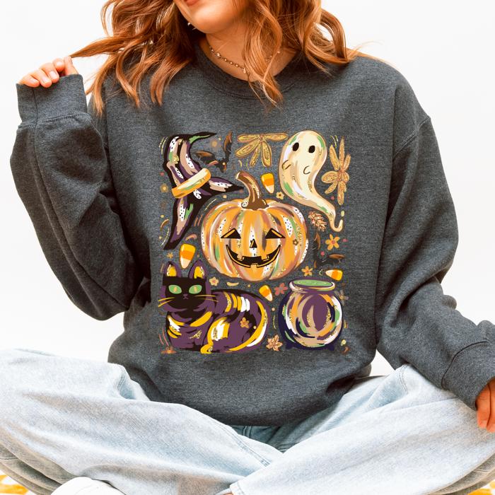 Cute Halloween Painted Pumpkin Black Cat Ghost Witch Skeleton Moonlit Night Scene Sweatshirt