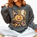 Large Dark Gray Heather Cute Halloween Painted Pumpkin Black Cat Ghost Witch Skeleton Moonlit Night Scene Sweatshirt