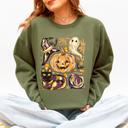 Medium Military Green Cute Halloween Painted Pumpkin Black Cat Ghost Witch Skeleton Moonlit Night Scene Sweatshirt