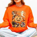 Large Orange Cute Halloween Painted Pumpkin Black Cat Ghost Witch Skeleton Moonlit Night Scene Sweatshirt