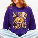 XL Purple Cute Halloween Painted Pumpkin Black Cat Ghost Witch Skeleton Moonlit Night Scene Sweatshirt