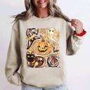 XL Sand Cute Halloween Painted Pumpkin Black Cat Ghost Witch Skeleton Moonlit Night Scene Sweatshirt