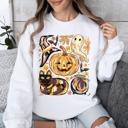 Large White Cute Halloween Painted Pumpkin Black Cat Ghost Witch Skeleton Moonlit Night Scene Sweatshirt