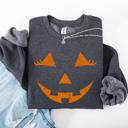 Medium Dark Gray Heather Cute Jack O Lantern Halloween Seasonal Limited Edition Cozy Pumpkin Face Sweatshirt