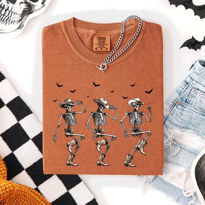 Dancing Cowboy Skeletons, Halloween Bats Limited Edition Artwork Comfort Colors Tee