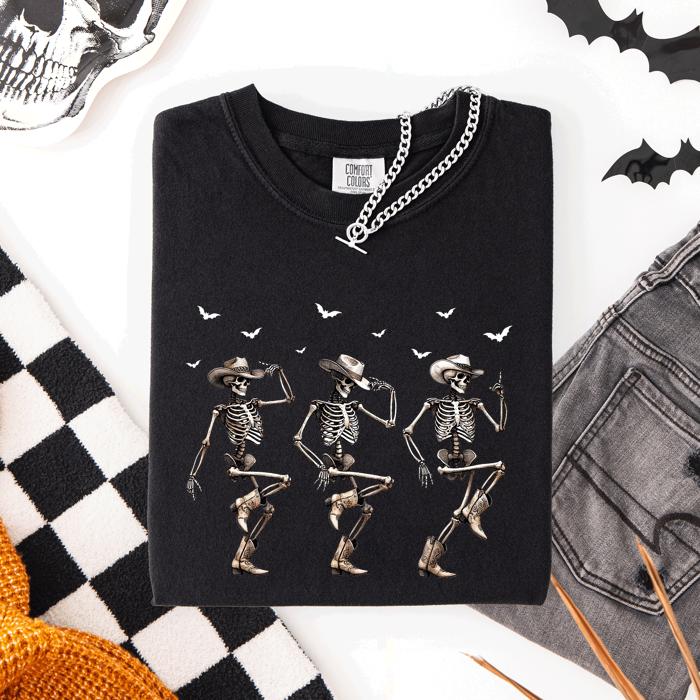 Dancing Cowboy Skeletons, Halloween Bats Limited Edition Artwork Comfort Colors Tee