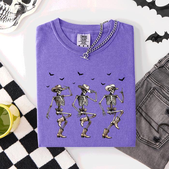 Dancing Cowboy Skeletons, Halloween Bats Limited Edition Artwork Comfort Colors Tee
