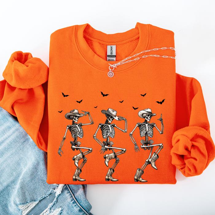 Dancing Cowboy Skeletons Halloween Bats Western Night Parade Cozy Graphic Sweatshirt