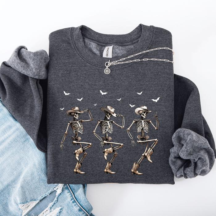 Dancing Cowboy Skeletons Halloween Bats Western Night Parade Cozy Graphic Sweatshirt