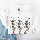 Medium White Dancing Cowboy Skeletons Halloween Bats Western Night Parade Cozy Graphic Sweatshirt