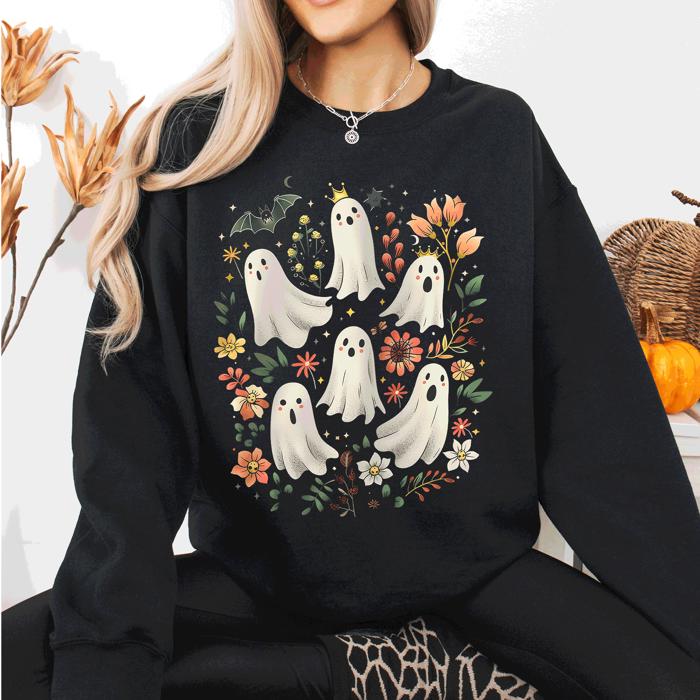 Floral Ghosts Beautiful Halloween Coquette Girly Autumn Fall Gothic Charm Sweatshirt