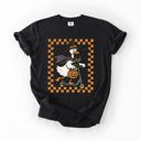 Small Black Funny Halloween Goose With Black Cat Witch Checkered Scene Artwork Comfort Colors Tee