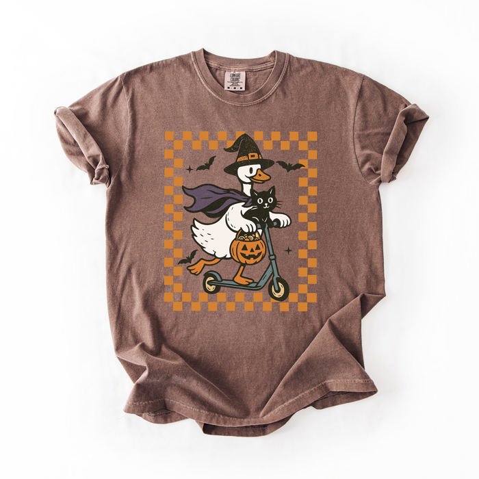 Funny Halloween Goose With Black Cat Witch Checkered Scene Artwork Comfort Colors Tee