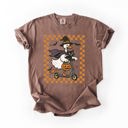 Small Espresso Funny Halloween Goose With Black Cat Witch Checkered Scene Artwork Comfort Colors Tee