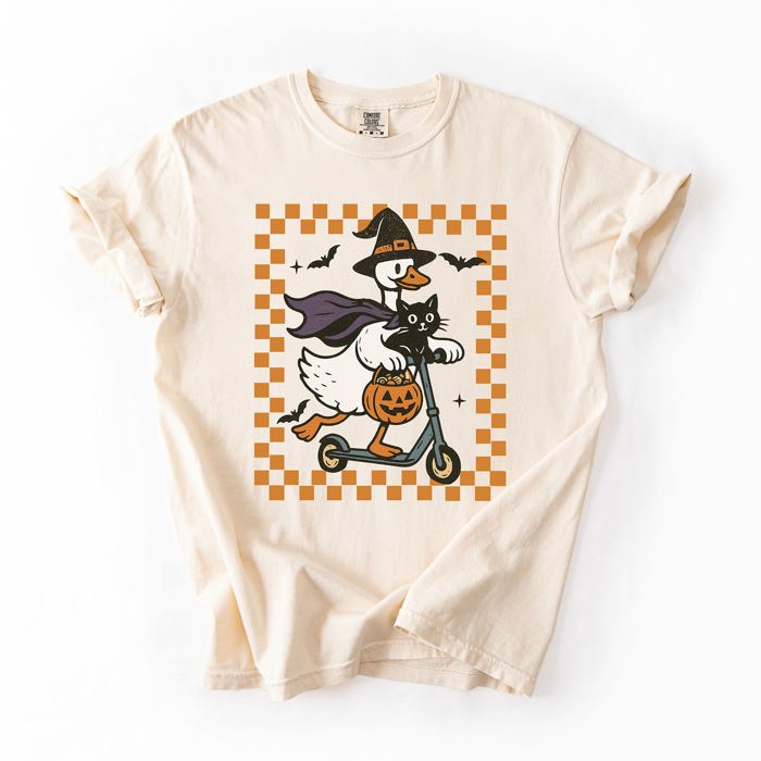 Funny Halloween Goose With Black Cat Witch Checkered Scene Artwork Comfort Colors Tee