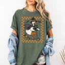 Large Moss Dark Green Funny Halloween Goose With Black Cat Witch Checkered Scene Artwork Comfort Colors Tee