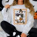 Medium Ash Light Gray Funny Halloween Goose Black Cat Witch Checkered Parade Graphic Print Edition Sweatshirt