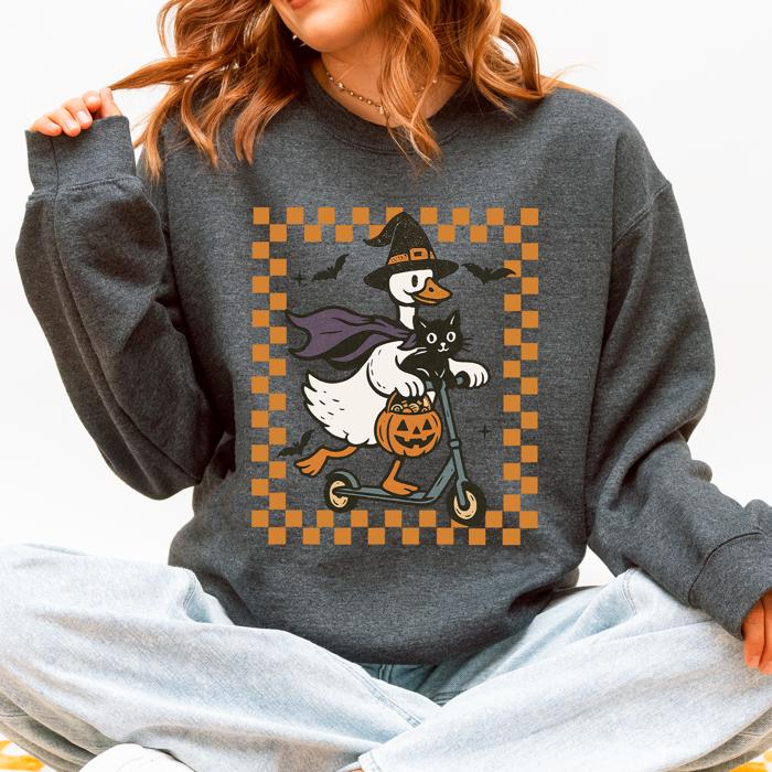 Funny Halloween Goose Black Cat Witch Checkered Parade Graphic Print Edition Sweatshirt