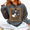 Large Dark Gray Heather Funny Halloween Goose Black Cat Witch Checkered Parade Graphic Print Edition Sweatshirt