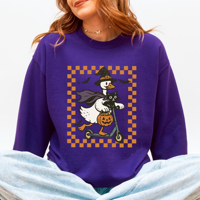 Funny Halloween Goose Black Cat Witch Checkered Parade Graphic Print Edition Sweatshirt