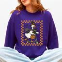 Large Purple Funny Halloween Goose Black Cat Witch Checkered Parade Graphic Print Edition Sweatshirt