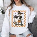 Medium White Funny Halloween Goose Black Cat Witch Checkered Parade Graphic Print Edition Sweatshirt