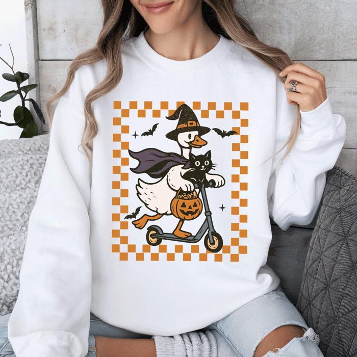 Funny Halloween Goose Black Cat Witch Checkered Parade Graphic Print Edition Sweatshirt