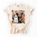 Medium Ivory Cream Ghost And Cow Cute Autumn Halloween Spooky Season Cozy Night Village Harvest Moon Comfort Colors Tee