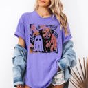 XL Violet Purple Ghost And Cow Cute Autumn Halloween Spooky Season Cozy Night Village Harvest Moon Comfort Colors Tee