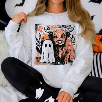 Ghost and Cow Cute Autumn Halloween Spooky Fall Cozy Nostalgic Seasonal Sweatshirt
