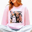 Large Light Pink Ghost and Cow Cute Autumn Halloween Spooky Fall Cozy Nostalgic Seasonal Sweatshirt