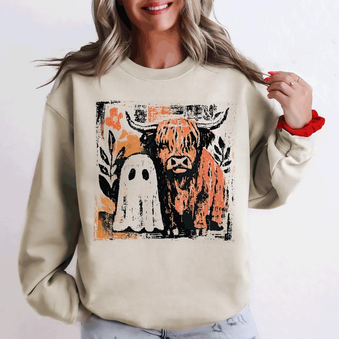 Ghost and Cow Cute Autumn Halloween Spooky Fall Cozy Nostalgic Seasonal Sweatshirt