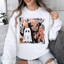 Small White Ghost and Cow Cute Autumn Halloween Spooky Fall Cozy Nostalgic Seasonal Sweatshirt