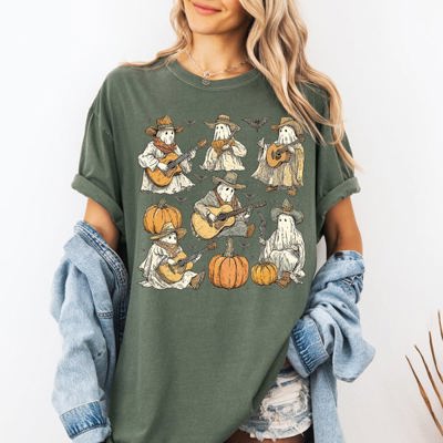 Ghost Cowboys Halloween Bats Spooky Western Outlaws Under Moonlit Sky With Whimsical Ghost Town Charm Comfort Colors Tee