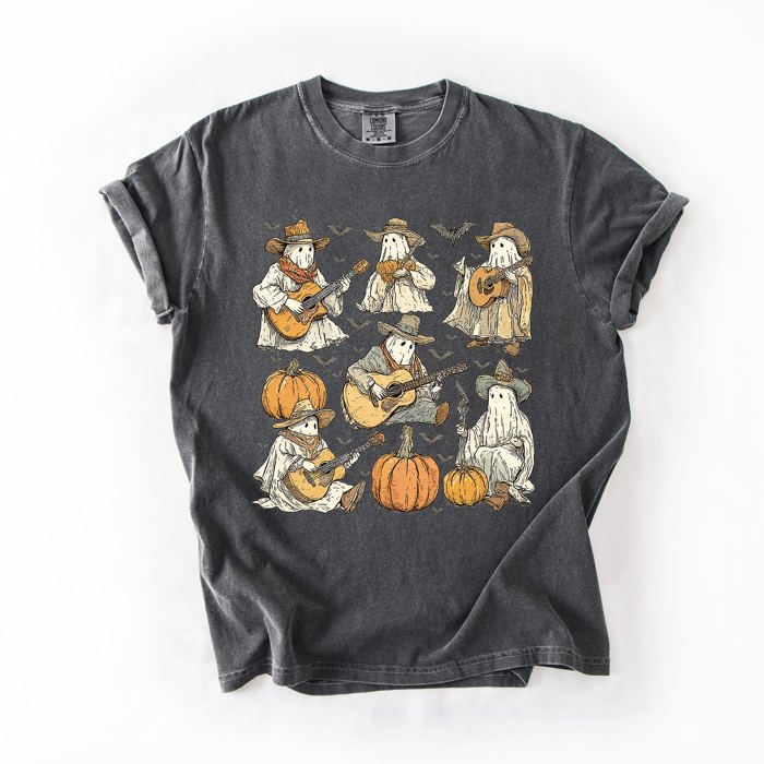 Ghost Cowboys Halloween Bats Spooky Western Outlaws Under Moonlit Sky With Whimsical Ghost Town Charm Comfort Colors Tee