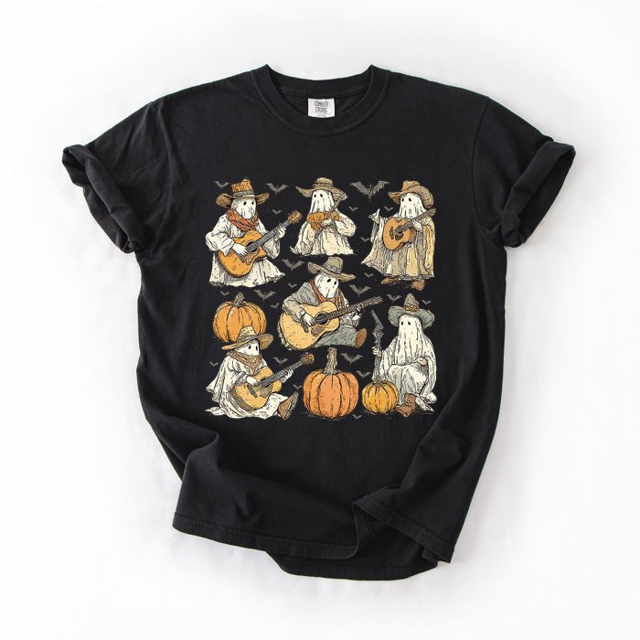 Ghost Cowboys Halloween Bats Spooky Western Outlaws Under Moonlit Sky With Whimsical Ghost Town Charm Comfort Colors Tee
