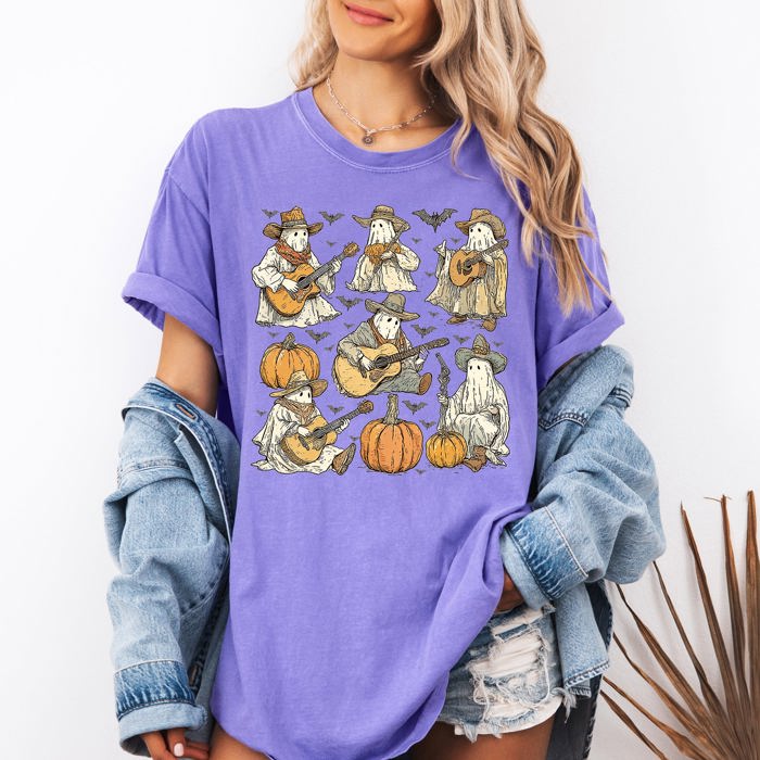 Ghost Cowboys Halloween Bats Spooky Western Outlaws Under Moonlit Sky With Whimsical Ghost Town Charm Comfort Colors Tee