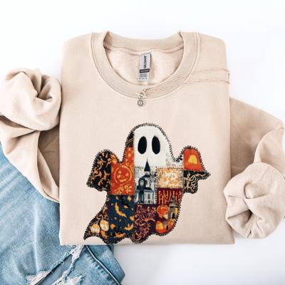 Ghost Faux Quilt Classic Halloween Fall Cozy Nights Festive Timeless Spooky Style Sweatshirt
