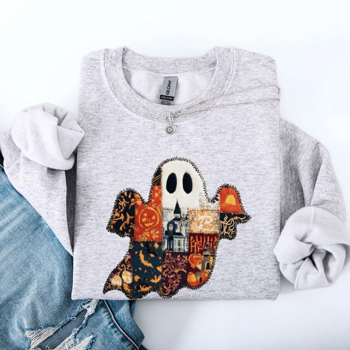 Ghost Faux Quilt Classic Halloween Fall Cozy Nights Festive Timeless Spooky Style Sweatshirt