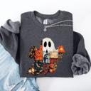 XL Dark Gray Heather Ghost Faux Quilt Classic Halloween Fall Cozy Nights Festive Timeless Spooky Style Sweatshirt