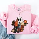 Large Light Pink Ghost Faux Quilt Classic Halloween Fall Cozy Nights Festive Timeless Spooky Style Sweatshirt