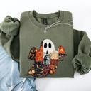 Medium Military Green Ghost Faux Quilt Classic Halloween Fall Cozy Nights Festive Timeless Spooky Style Sweatshirt