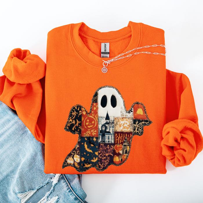 Ghost Faux Quilt Classic Halloween Fall Cozy Nights Festive Timeless Spooky Style Sweatshirt